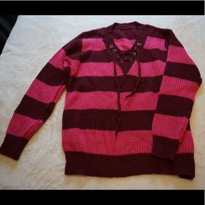 Stripped Pink Knit Sweater with Lace Up Front